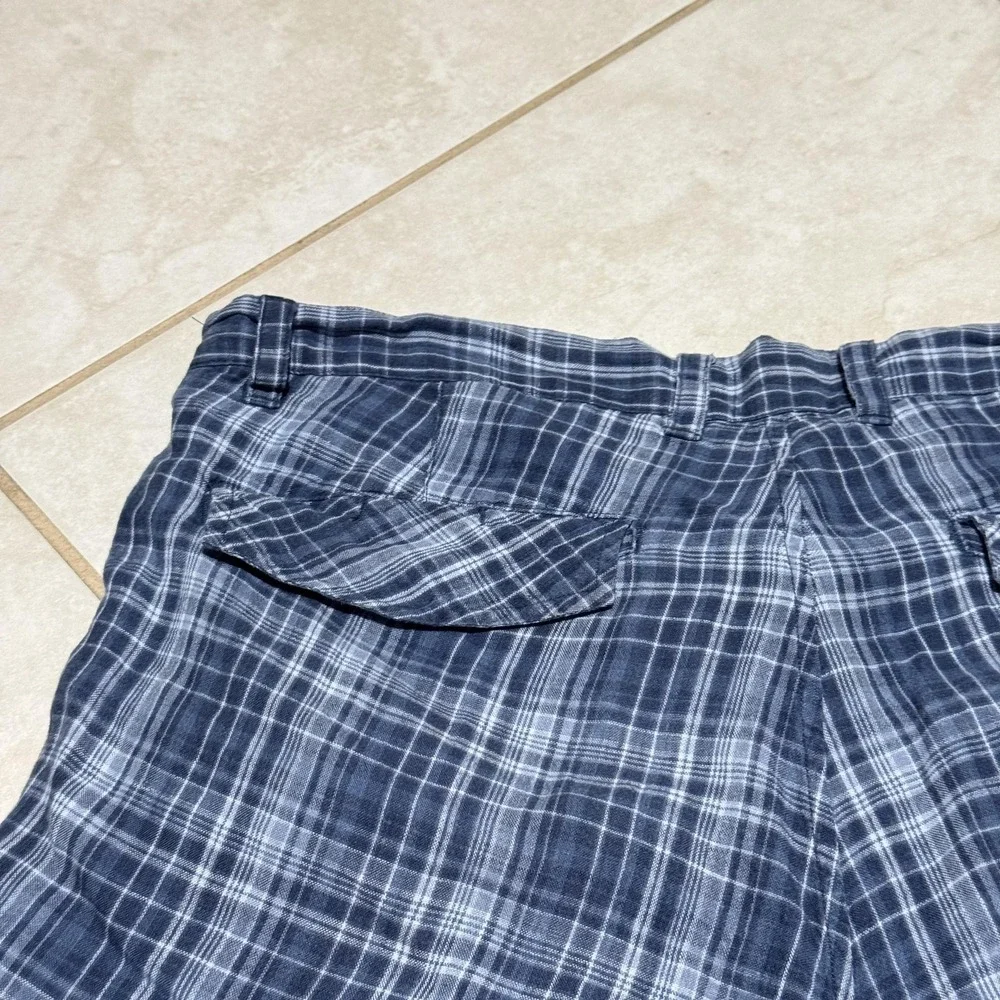 Saks Fifth Avenue Threads Shorts Mens 33 Blue Plaid 100% Linen Flat Front Summer